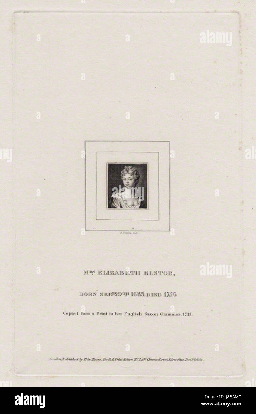 Un ritratto o una rappresentazione di Elizabeth Elstob, forse creato dall'artista Burnet Reading. Elstob è nota per i suoi contributi alla letteratura inglese e al lavoro di traduzione. Foto Stock