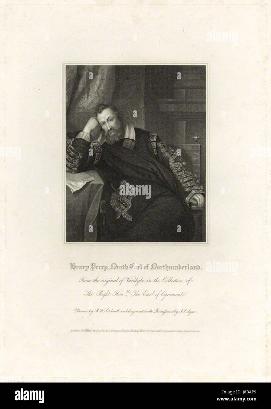 Un ritratto di Henry Percy, IX conte di Northumberland, creato da John Samuel Agar, basato sull'opera originale di Robert William Satchwell dopo Sir Anthony van Dyck. Questa incisione fu pubblicata da diversi editori importanti nel XIX secolo. Foto Stock
