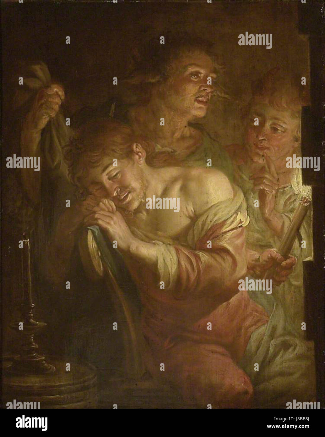 "A Sleeping Man, Sloth" di Jacques de l'Ange raffigura un uomo in posa, incarnando il tema del bradipo dei sette peccati mortali. Il dipinto illustra una lezione morale attraverso il suo soggetto. Foto Stock