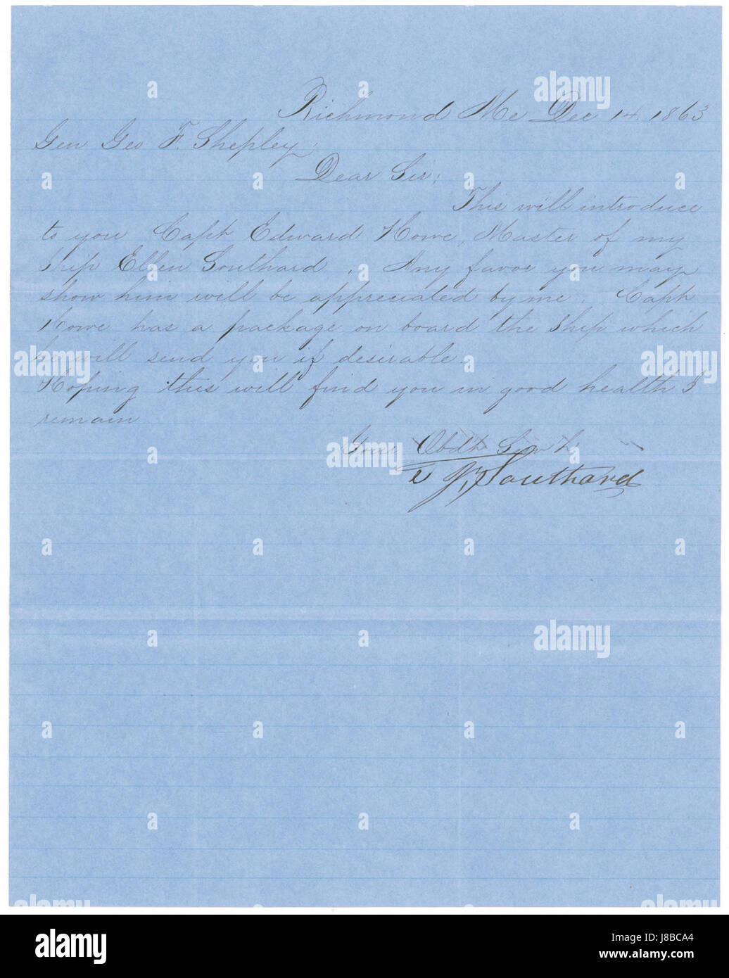 Questa lettera storica, scritta da T.J. Southard, serve come introduzione per il capitano Howe al generale Shepley. Fornisce una raccomandazione formale e una visione della corrispondenza militare del XIX secolo. Foto Stock