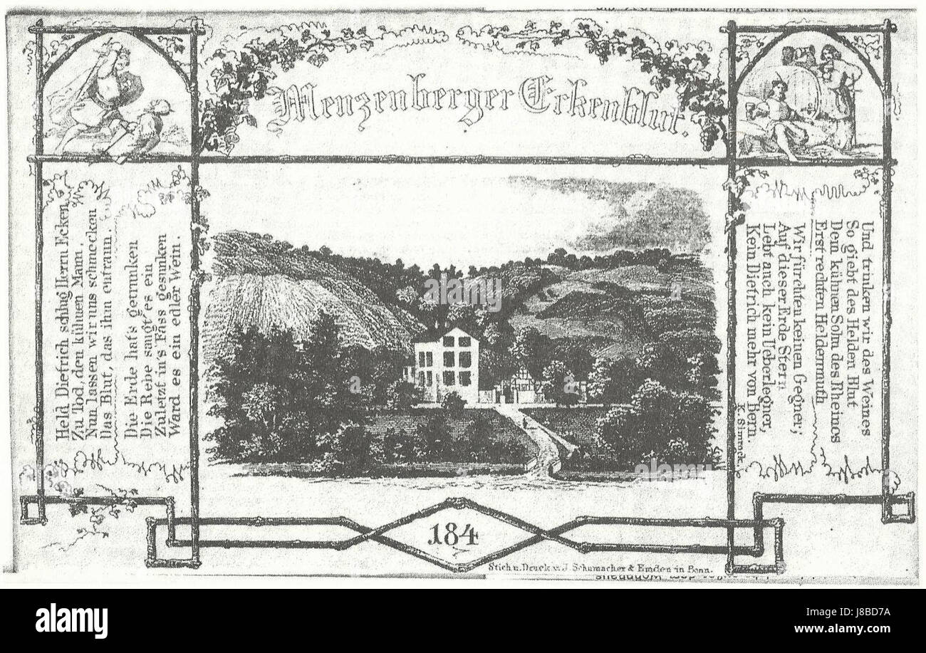 Il Menzenberg Weinberge del 1840 è una rappresentazione dei vigneti della regione tedesca di Menzenberg. Le opere d'arte evidenziano l'importanza agricola della produzione di vino e il pittoresco paesaggio della regione. Foto Stock