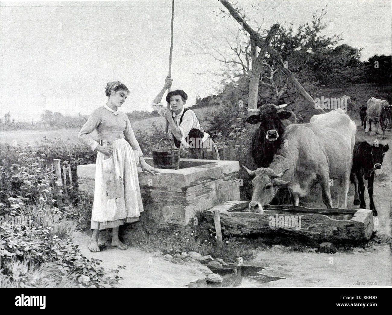 "Paysannerie" di Edouard Debat-Ponsan è un dipinto che raffigura la vita rurale in Francia, illustrando il lavoro quotidiano e l'ambiente dei contadini alla fine del XIX secolo. Il lavoro sottolinea la semplicità e la dignità dell'esistenza rurale. Foto Stock