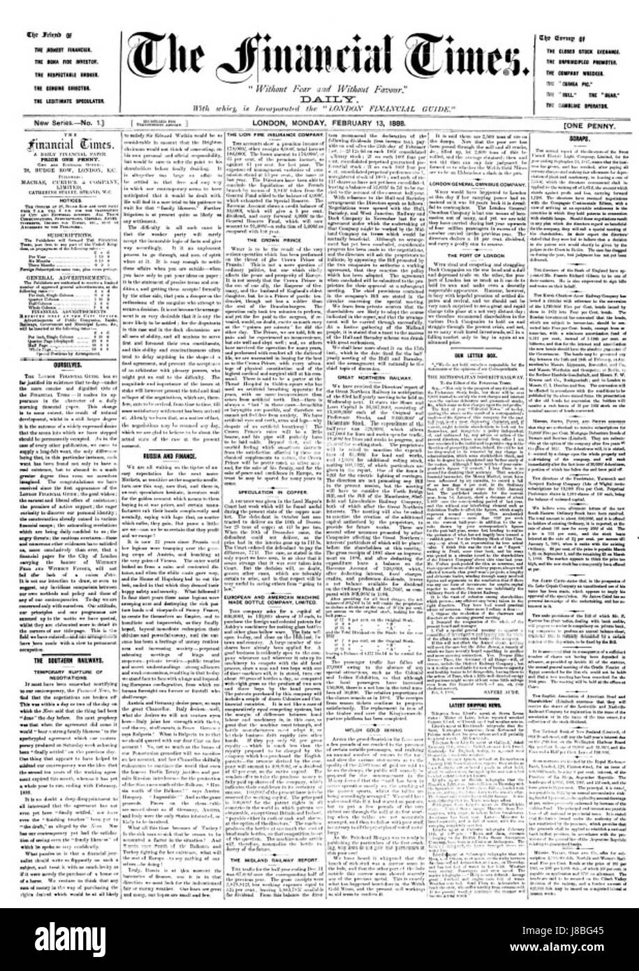 Financial Times 1888 Pagina anteriore Foto Stock