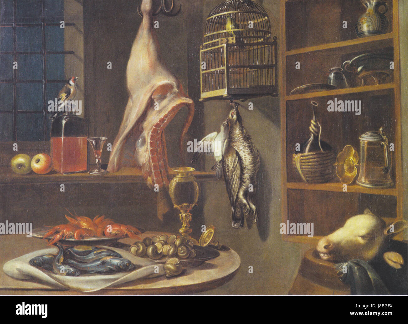 *Fromiller Stillleben mit Kalbskopf und Stieglitz* è un dipinto di natura morta che raffigura la testa di un vitello e un goldfinch. Quest'opera rappresenta il genere della natura morta popolare nell'arte europea, che riflette sia i dettagli naturalistici che il significato simbolico. Foto Stock