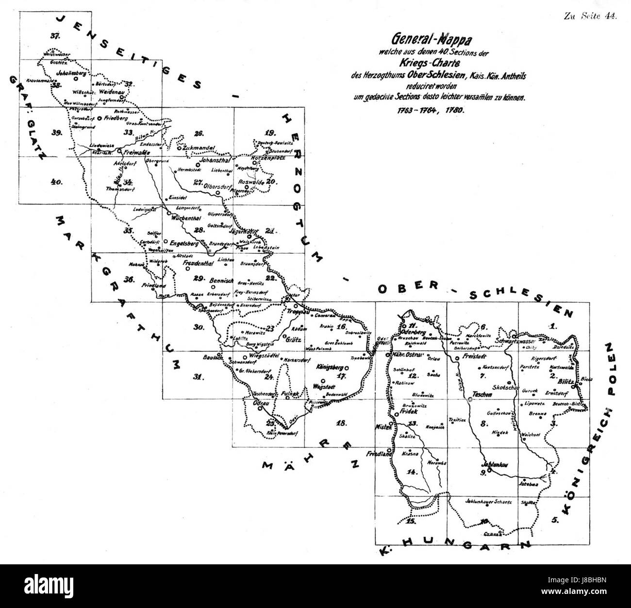 La "Josephinische Landaufnahme" è una mappa della Slesia del XVIII secolo, creata sotto il regno dell'imperatore Giuseppe II, che descrive in dettaglio le caratteristiche geografiche e la proprietà terriera della regione per scopi amministrativi. Foto Stock