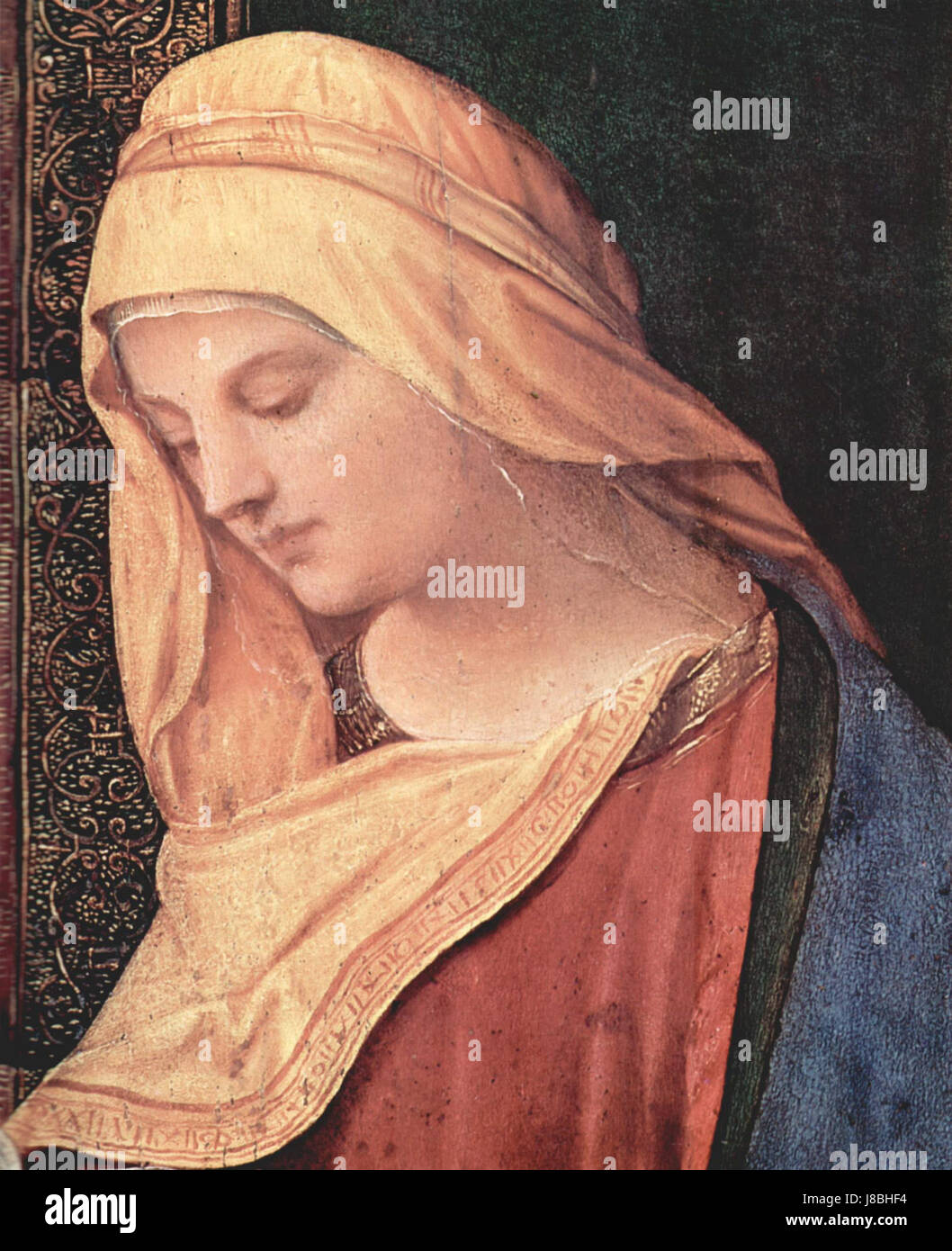 Giorgione, un pittore rinascimentale italiano, è noto per il suo uso del colore e della luce. Le sue opere, come "la tempesta", esemplificano l'arte veneziana. L'eredità di Giorgione nel ritratto e nella pittura paesaggistica ha contribuito a plasmare il corso dell'arte italiana. Foto Stock