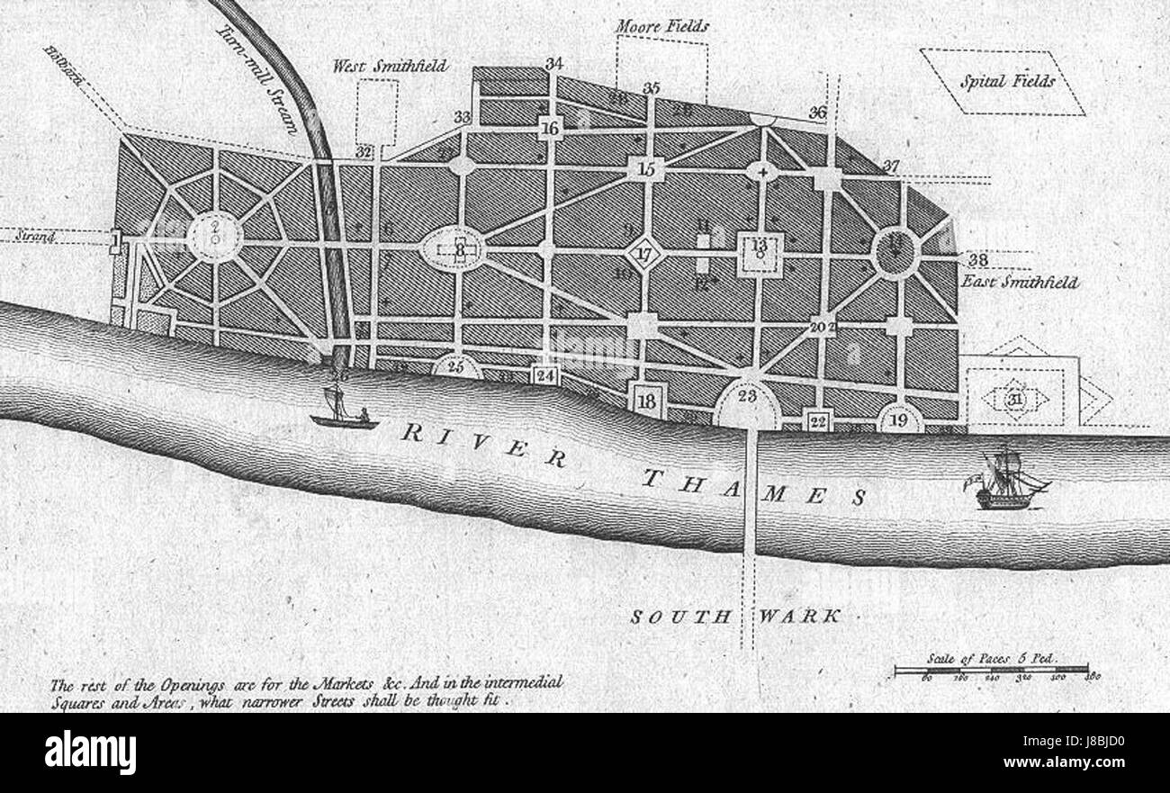 La proposta di Sir John Evelyn del 1666 di ricostruire Londra dopo il grande incendio, con un sistema di griglia con ampie strade e piazze pubbliche. Foto Stock