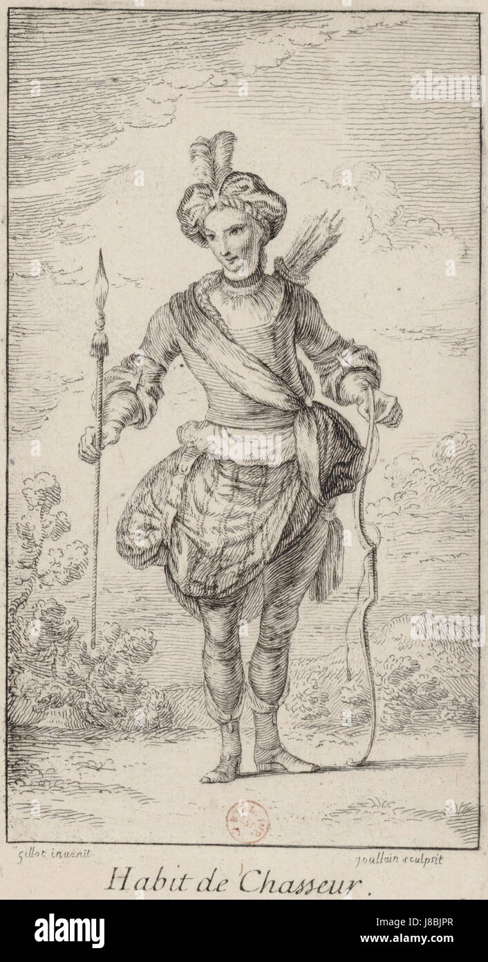 "Habit de Chasseur" è un dipinto di Claude Gillot che raffigura l'abito di un cacciatore. L'opera d'arte esemplifica la moda francese del XVIII secolo e ritrae un costume militare o civile storico indossato in quell'epoca. Gillot era noto per le sue raffigurazioni di individui alla moda e tendenze sociali. Foto Stock