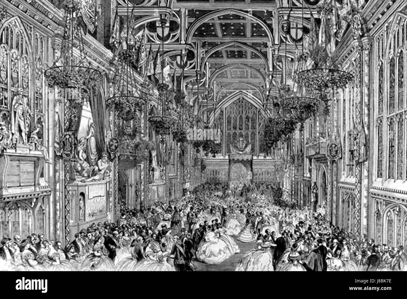 La Guildhall è un edificio storico situato a Londra, Inghilterra. L'illustrazione del 1863 raffigura la regina Vittoria, una figura significativa nella storia britannica. Questa opera d'arte è stata presentata nell'Illustrated London News (ILN), riflettendo il significato culturale e storico del periodo. Foto Stock