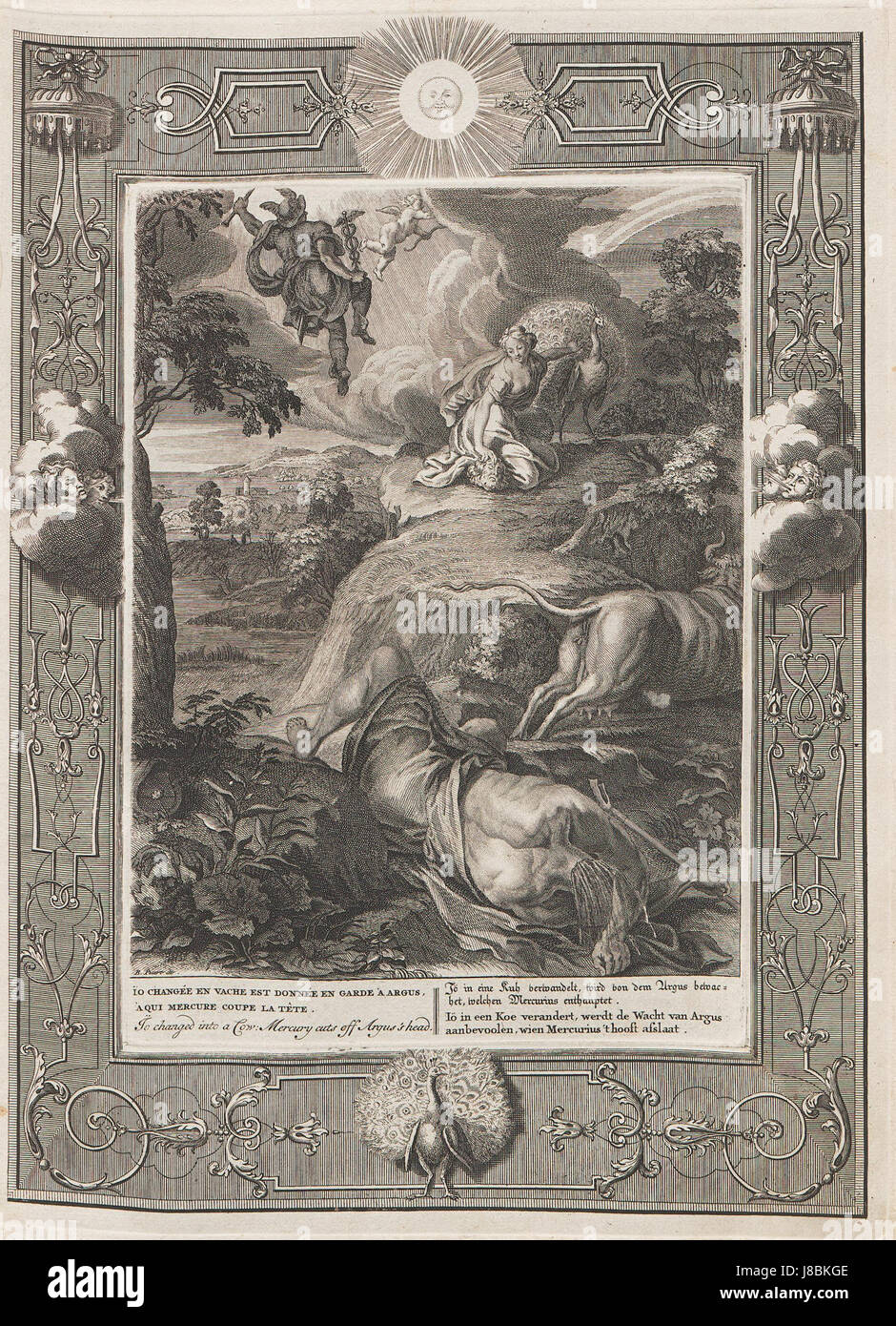Questo si riferisce a una storia mitologica della mitologia greca, dove io viene trasformato in una mucca da Zeus, e mercurio, il dio messaggero, decapita Argo, il gigante incaricato di sorvegliarla. Il mito fa parte della narrazione greca antica. Foto Stock