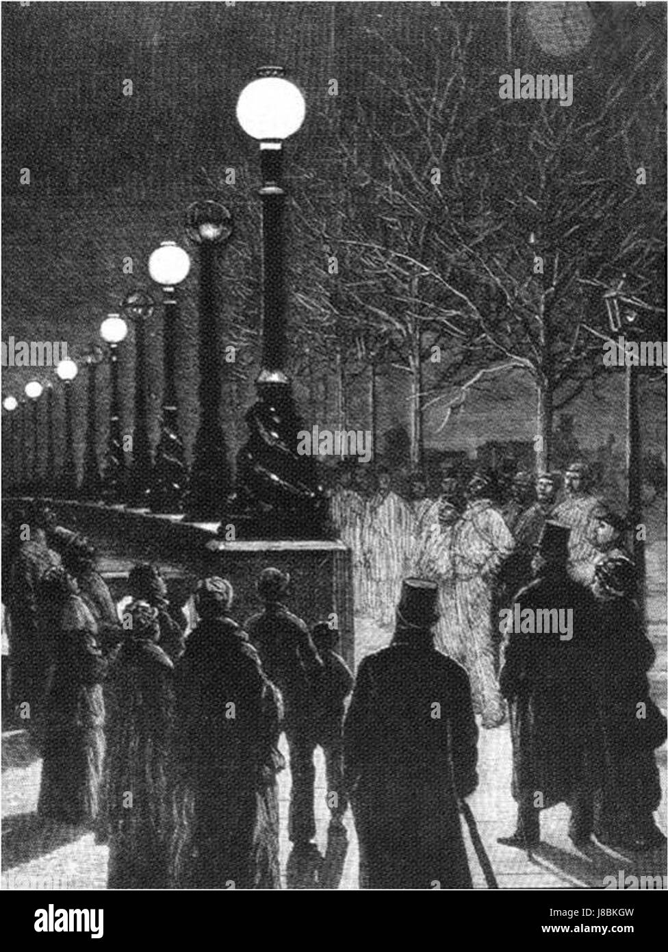 Le candele di Jablochkoff erano un tipo di lampada ad arco usata per l'illuminazione stradale alla fine del XIX secolo. Questa immagine del dicembre 1878 li mostra installati lungo il Victoria Embankment di Londra, segnando un uso precoce dell'illuminazione elettrica negli spazi pubblici. Foto Stock
