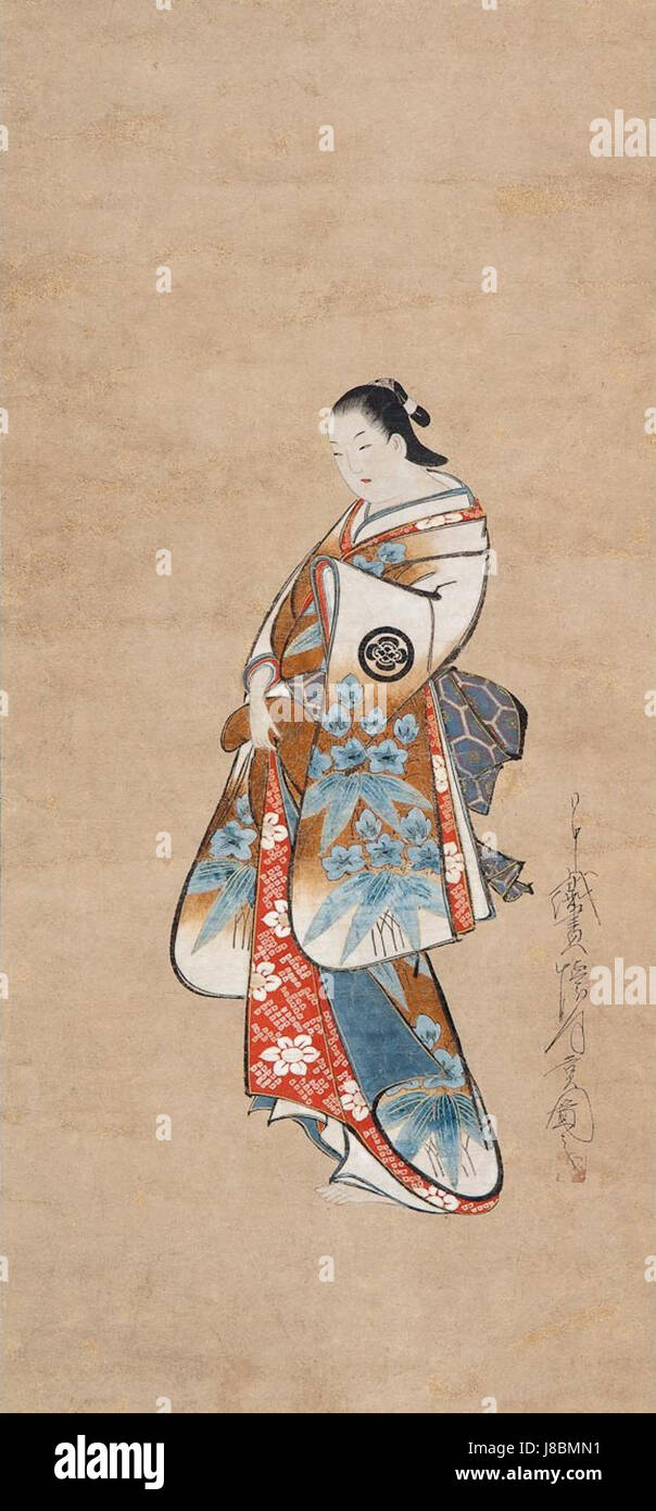 Kaigetsudo Ando ritratto permanente di una cortigiana, c. 1705 1710, appeso a scorrimento, inchiostro, colore e oro su carta Foto Stock