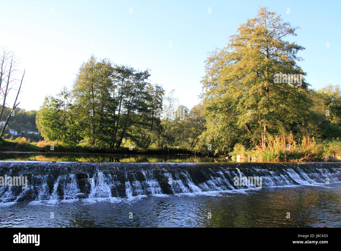 Cascata, Weir, acqua, blu, albero, alberi, pietra, cascata, ghiaia, Hesse, Foto Stock