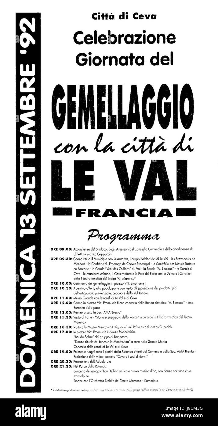 Manifesto gemellaggio Ceva LeVal (1992) Foto Stock