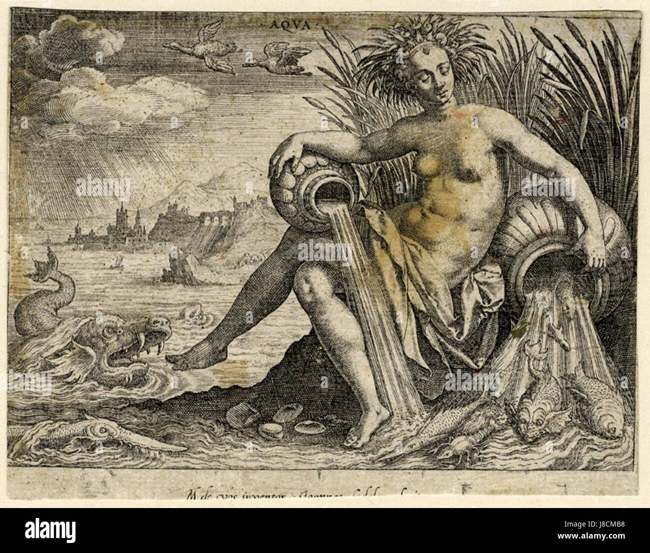 "Elemente ubs G 0764 II Wasser" di Marten de Vos si riferisce a un dipinto o a un'opera d'arte che esplora l'elemento dell'acqua, riflettendo lo stile de Vos e il contributo alla tradizione artistica fiamminga. Foto Stock