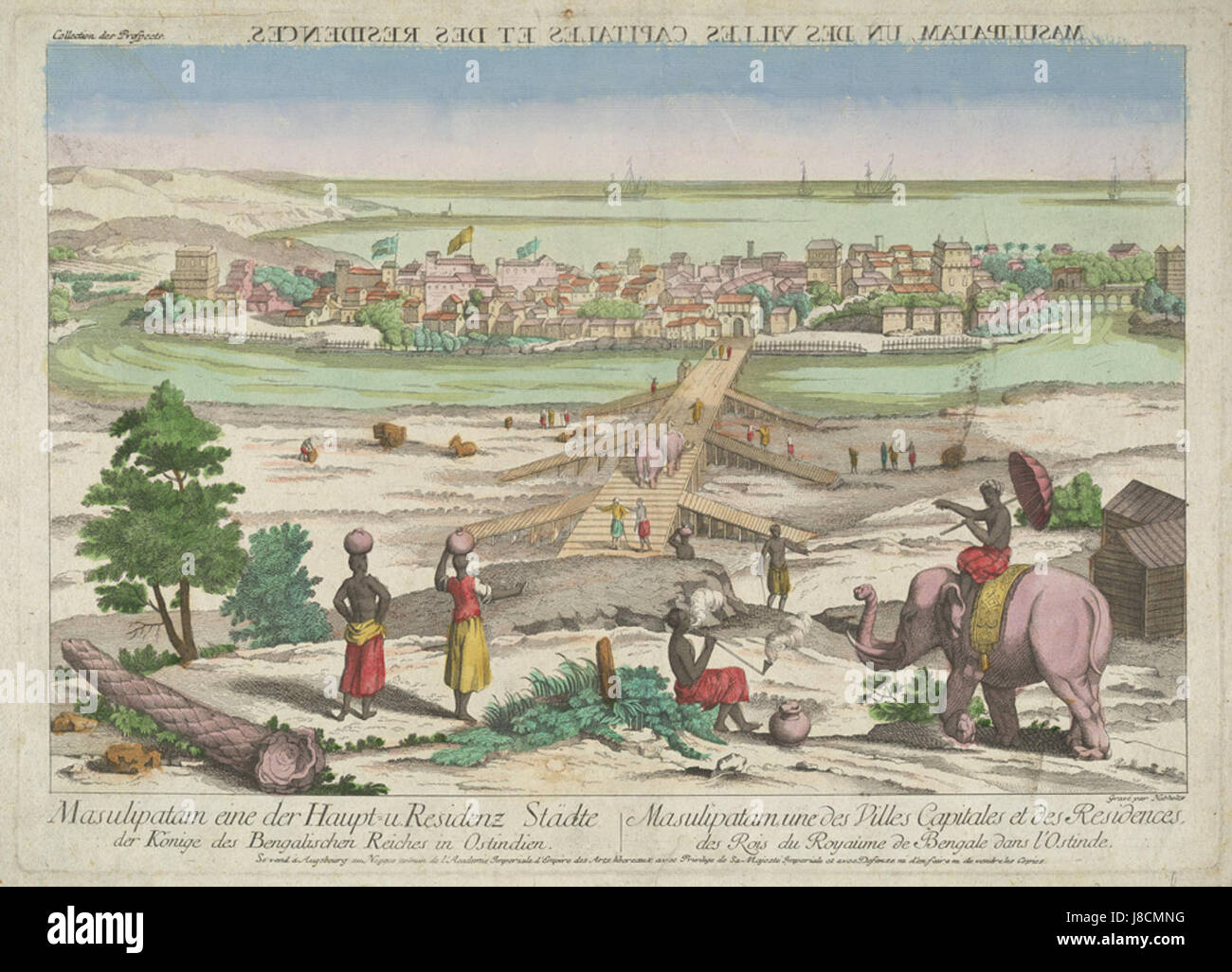 Una fotografia o una stampa storica di Masulipatam (ora conosciuta come Machilipatnam), India, che presenta la geografia della regione e l'architettura dell'epoca coloniale. Foto Stock