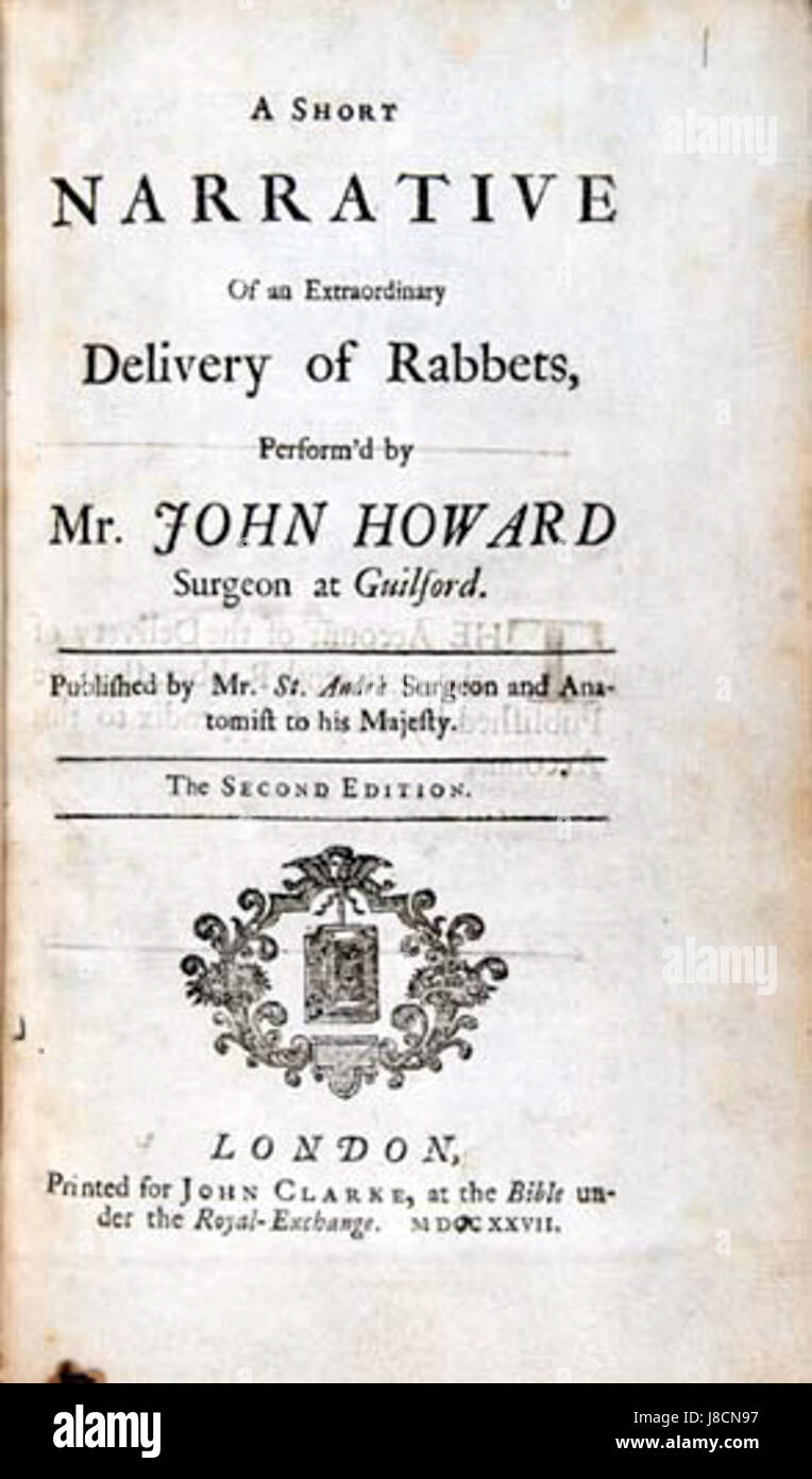 Mary Toft era una donna dell'Inghilterra del XVIII secolo che affermava falsamente di aver partorito conigli. Il suo caso divenne una sensazione, sollevando domande sull'etica medica, l'isteria pubblica e i confini della fede nella scienza. Foto Stock