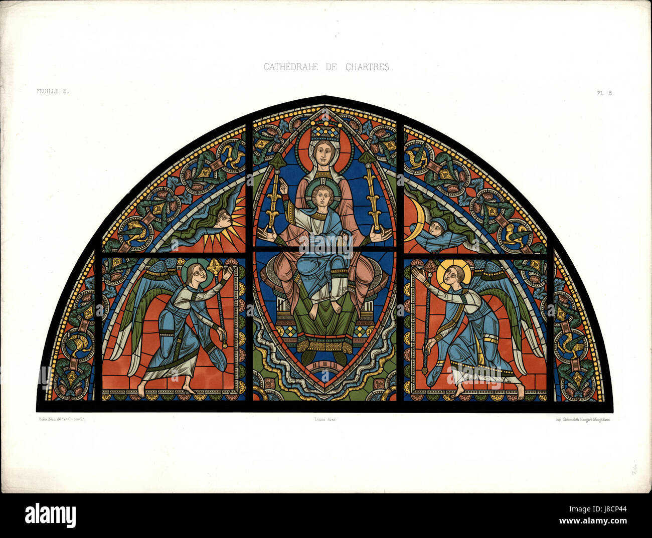 Monografie de la Cathedrale de Chartres Atlas Vitrail de la vie de Gesù Cristo"feuille e cromoterapia lithographie Foto Stock