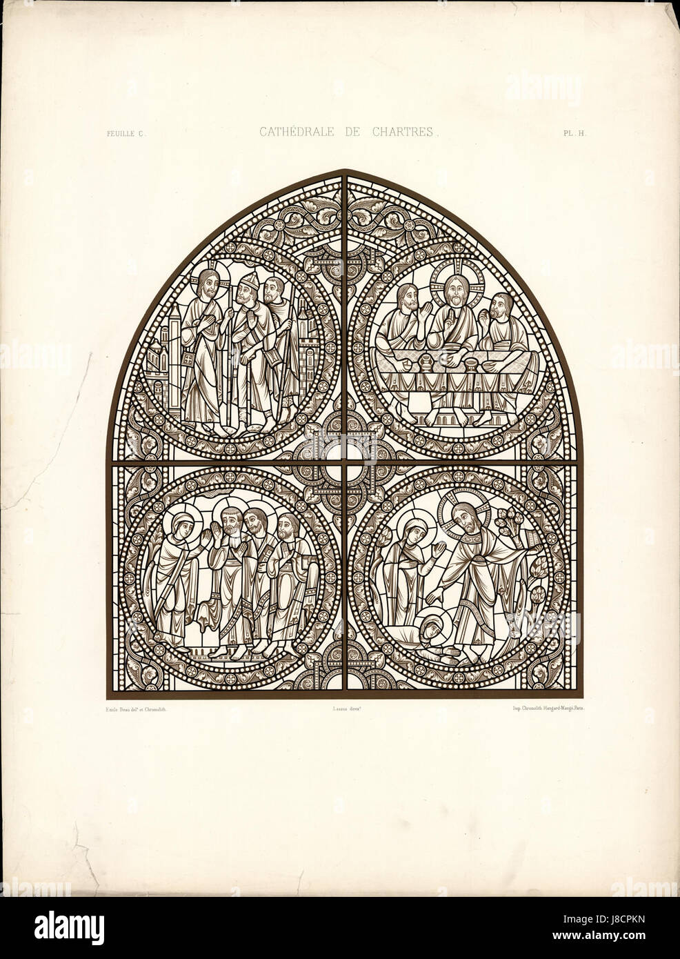 Le Monografie de la Cathedrale de Chartres sono un'opera dettagliata che include un atlante di vetrate colorate raffiguranti la passione di Cristo nella Cattedrale di Chartres, un capolavoro di architettura gotica. Foto Stock