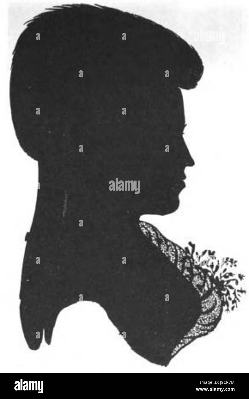 La silhouette di Dorothea Zimmer rappresenta una forma d'arte comune del XVIII secolo, catturando il profilo di un soggetto con un design semplice ma sorprendente in bianco e nero. Foto Stock