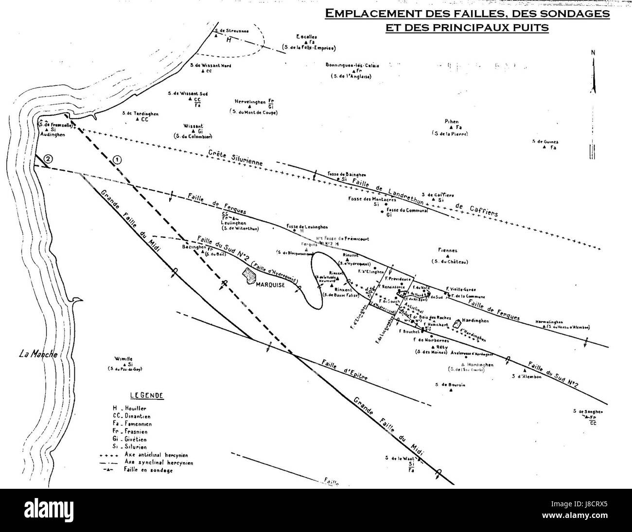 Questo si riferisce alle posizioni di faglie geologiche, pozzi trivellati e pozzi chiave in una data area. Queste caratteristiche sono fondamentali per comprendere la composizione del sottosuolo, le risorse minerali e l'attività sismica della regione. Foto Stock