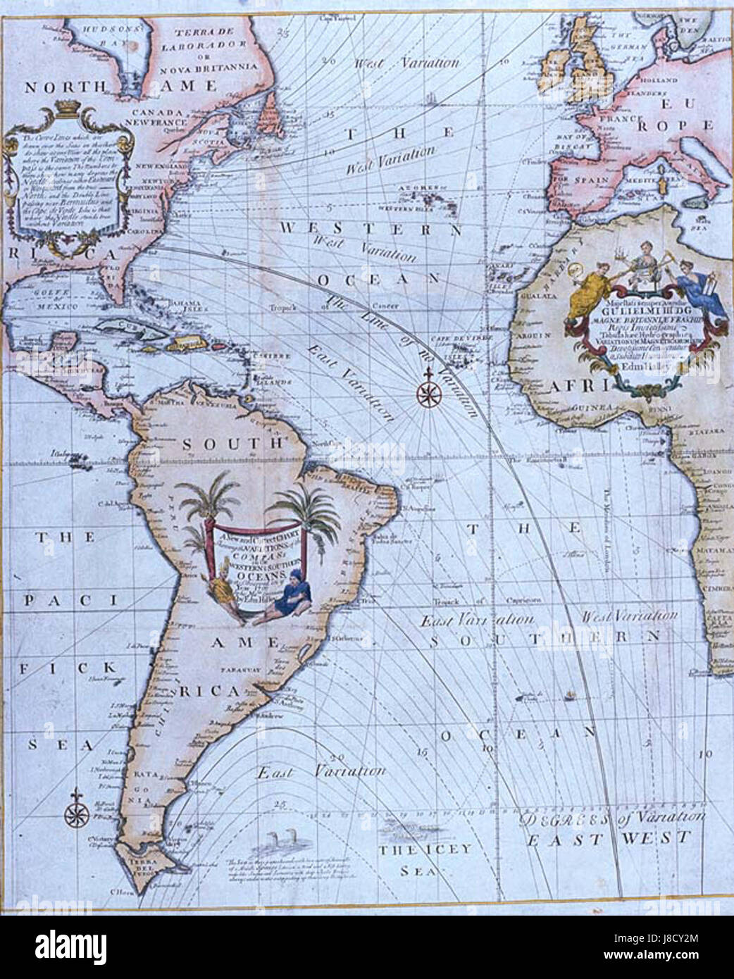 Le variazioni della bussola di Halley si riferiscono ai cambiamenti osservati nel campo magnetico della Terra, registrati all'inizio del XVIII secolo. Questo studio è stato condotto da Edmond Halley, uno scienziato britannico, per comprendere i modelli geomagnetici. Foto Stock