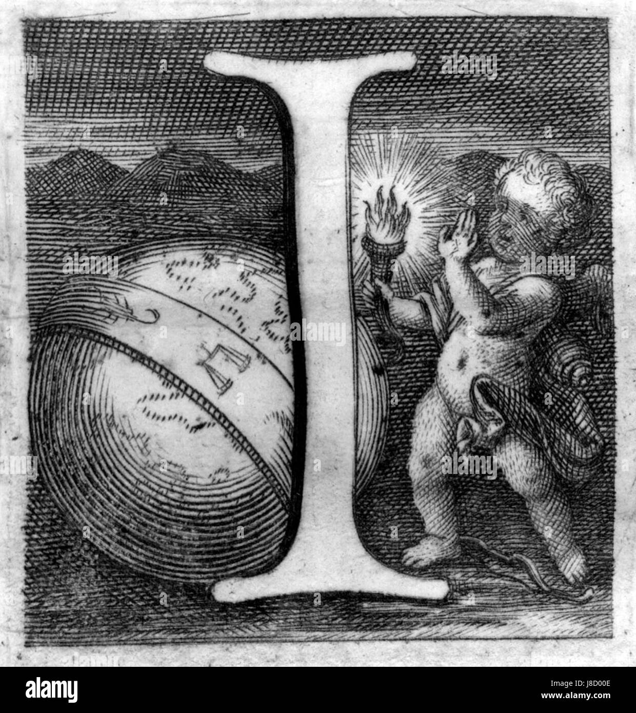 Questa immagine rappresenta probabilmente la "i" iniziale, utilizzata nelle opere artistiche o tipografiche, che riflette lo stile o il mezzo del suo tempo. Foto Stock