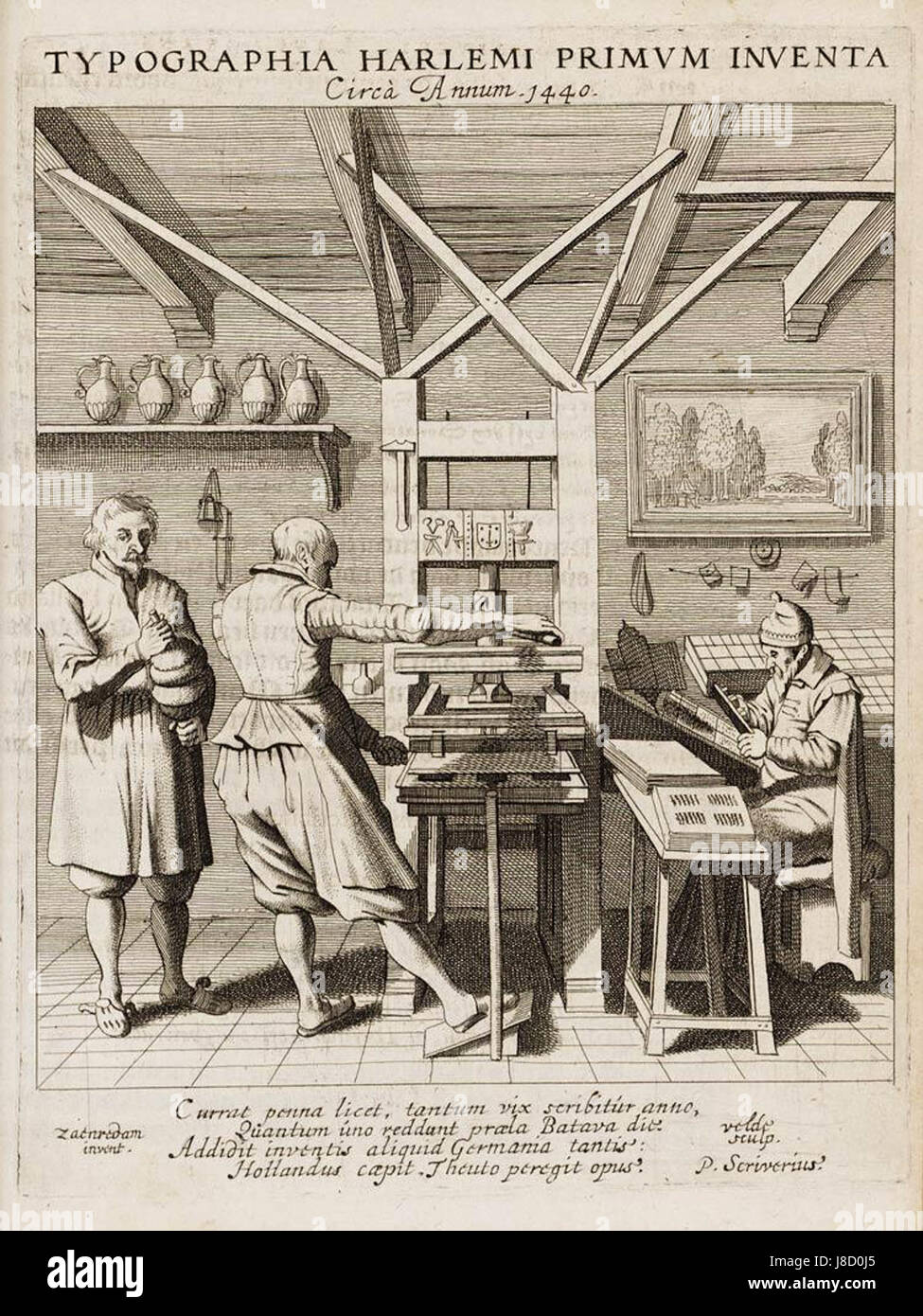 Questa opera, un'incisione del 1628 di Jan van de Velde, è una riproduzione dell'interpretazione di Pieter Saenredam della stampa degli anni '1440 Il pezzo riflette l'importanza storica della tipografia per diffondere la conoscenza durante il Rinascimento. Foto Stock
