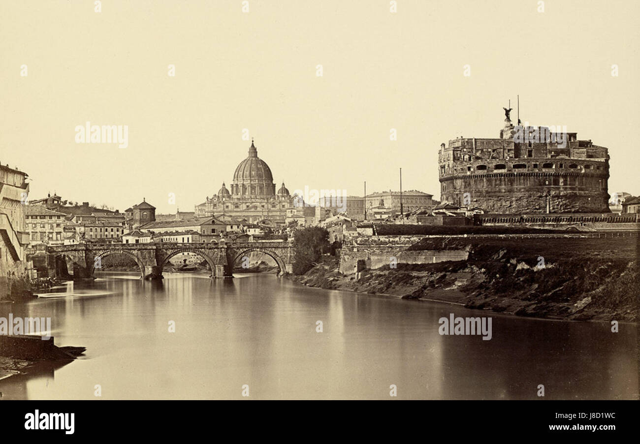 Questa vista di Roma, creata da James Anderson intorno al 1853, cattura l'iconico paesaggio urbano con il fiume Tevere in primo piano. Il dipinto fornisce una prospettiva storica sul paesaggio di Roma durante la metà del XIX secolo. Foto Stock