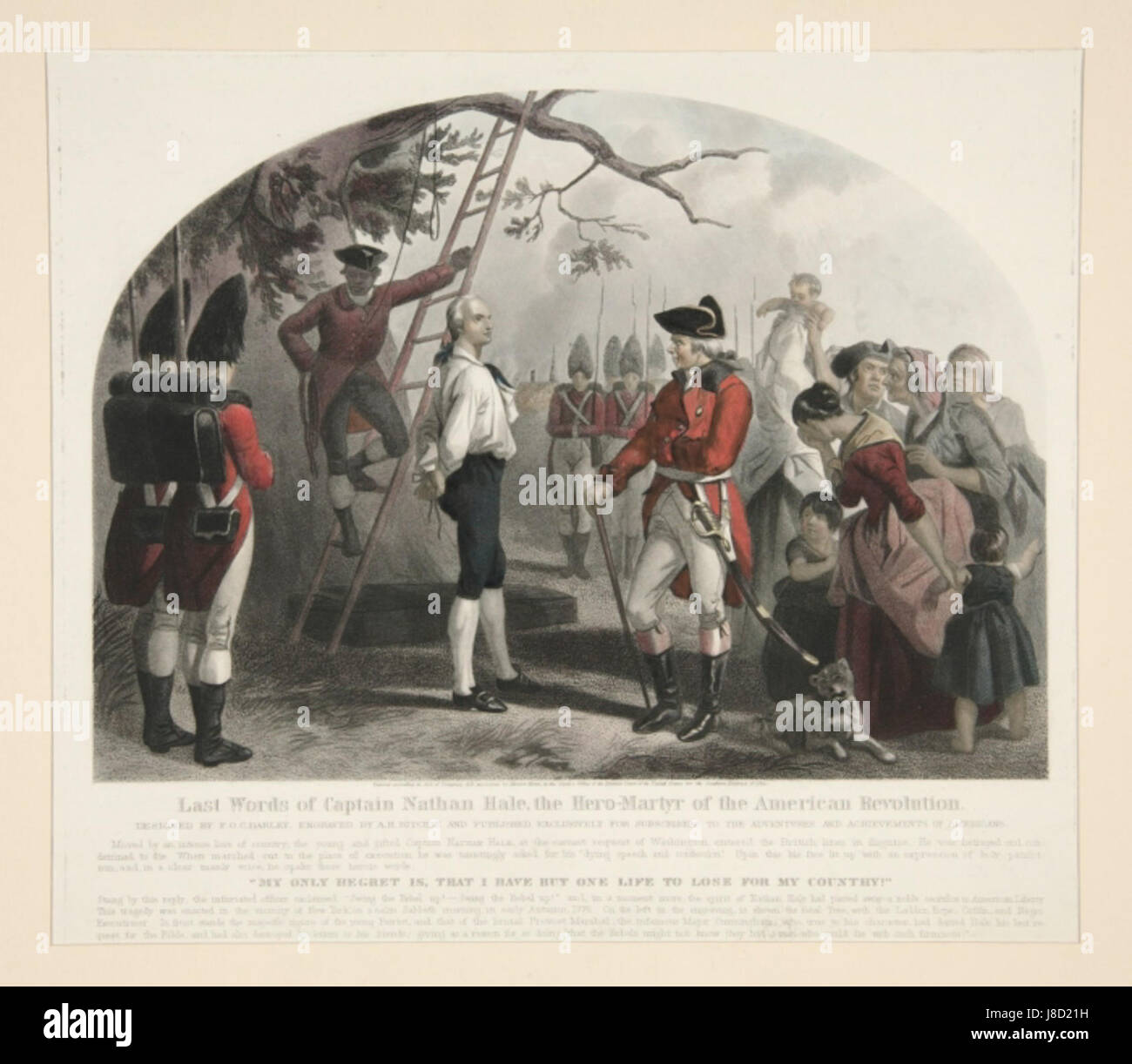 The Last Words of Nathan Hale di Alexander Hay Ritchie è un dipinto storico che cattura il momento prima dell'esecuzione di Haleâ. Hale, una spia americana durante la guerra d'indipendenza, è nota per le sue famose parole finali, "mi dispiace di avere solo una vita da perdere per il mio paese". Foto Stock