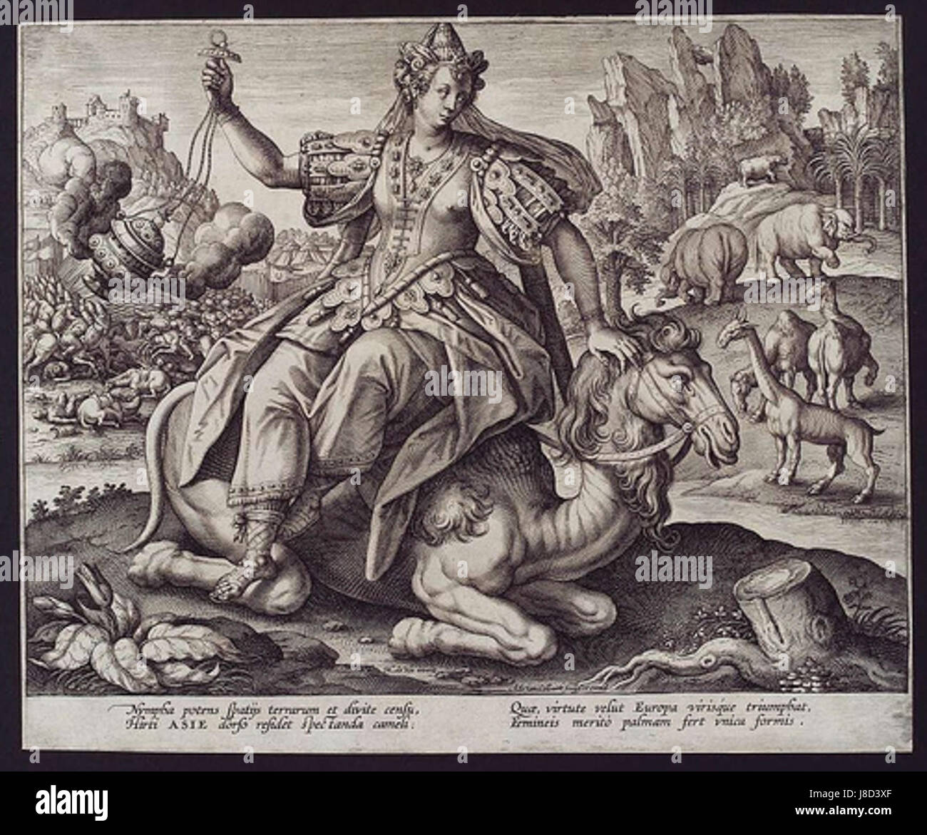 Questo pezzo di Marten de Vos, illustrato da Adriaen Collaert, raffigura scene provenienti dall'Asia, combinando prospettive storiche europee con rappresentazioni di paesaggi e cultura orientali. Foto Stock