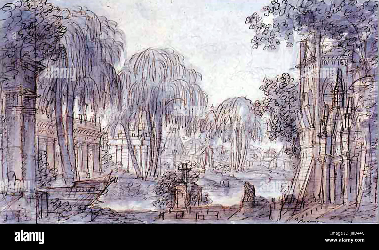 Questo scenografo è tratto dal secondo atto, scena tre, dell'opera di Meyerbeer "crociato in Egitto", rappresentata per la prima volta nel 1824. Il set riflette lo stile teatrale dei primi anni del XIX secolo, contribuendo all'impatto drammatico e visivo dell'opera. Foto Stock