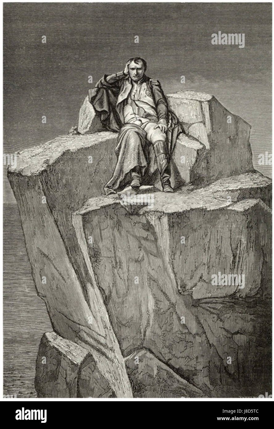 "Esiliato a Sant'Elena" di Delaroche illustra il momento solenne dell'esilio di Napoleone Bonaparte, catturando il suo stato emotivo e il suo significato storico nell'ambiente remoto dell'isola. Foto Stock