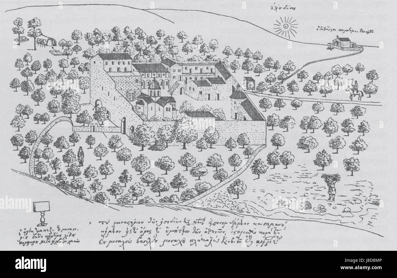 Il Moni Kaisarianis si riferisce a un sito religioso storico di Atene, in Grecia, fondato nel 1745. Il monastero è noto per il suo ruolo significativo nel cristianesimo ortodosso locale e la sua architettura, che è rappresentativa degli edifici monastici greci del XVIII secolo. Foto Stock