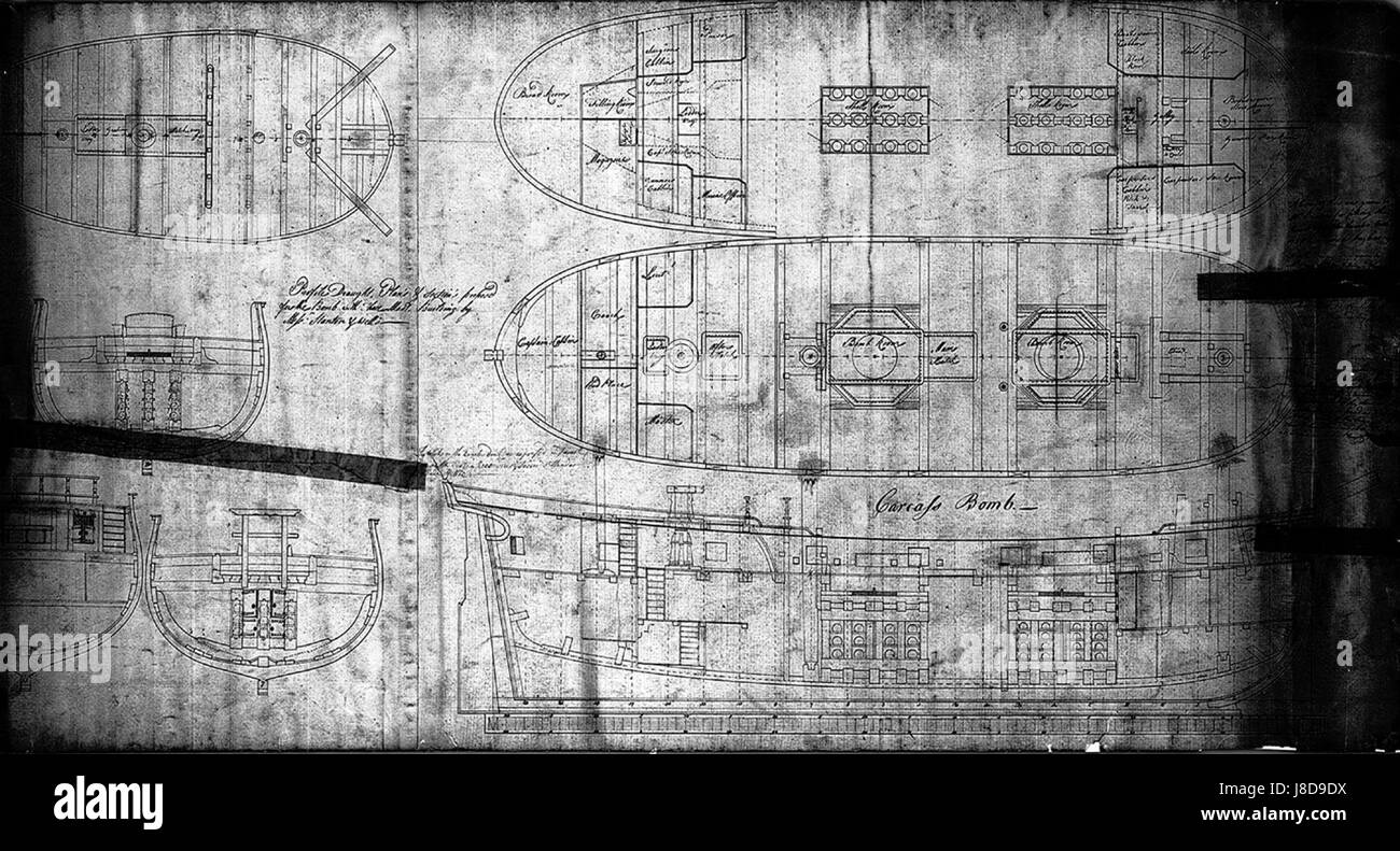 La HMS Carcass fu una nave da guerra britannica varata nel 1759. Ha giocato un ruolo in diversi conflitti navali durante il XVIII secolo, contribuendo alla presenza militare della Gran Bretagna sui mari durante il periodo. Foto Stock