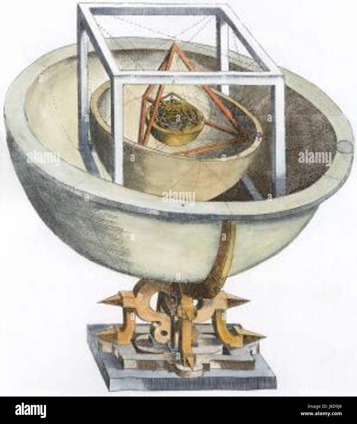 Questa incisione rappresenta l'Universo platonico di Johannes Keplerâ, illustrando il suo modello astronomico in cui il moto dei pianeti è governato da forme geometriche. Riflette i primi tentativi di mettere in relazione il moto planetario con la geometria dei solidi, un elemento chiave nello sviluppo dell'astronomia moderna. Foto Stock