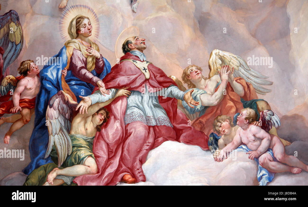 Intercessione di San Carlo Borromeo supportato dalla Vergine Maria dettaglio Rottmayr affresco Karlskirche Vienna Foto Stock