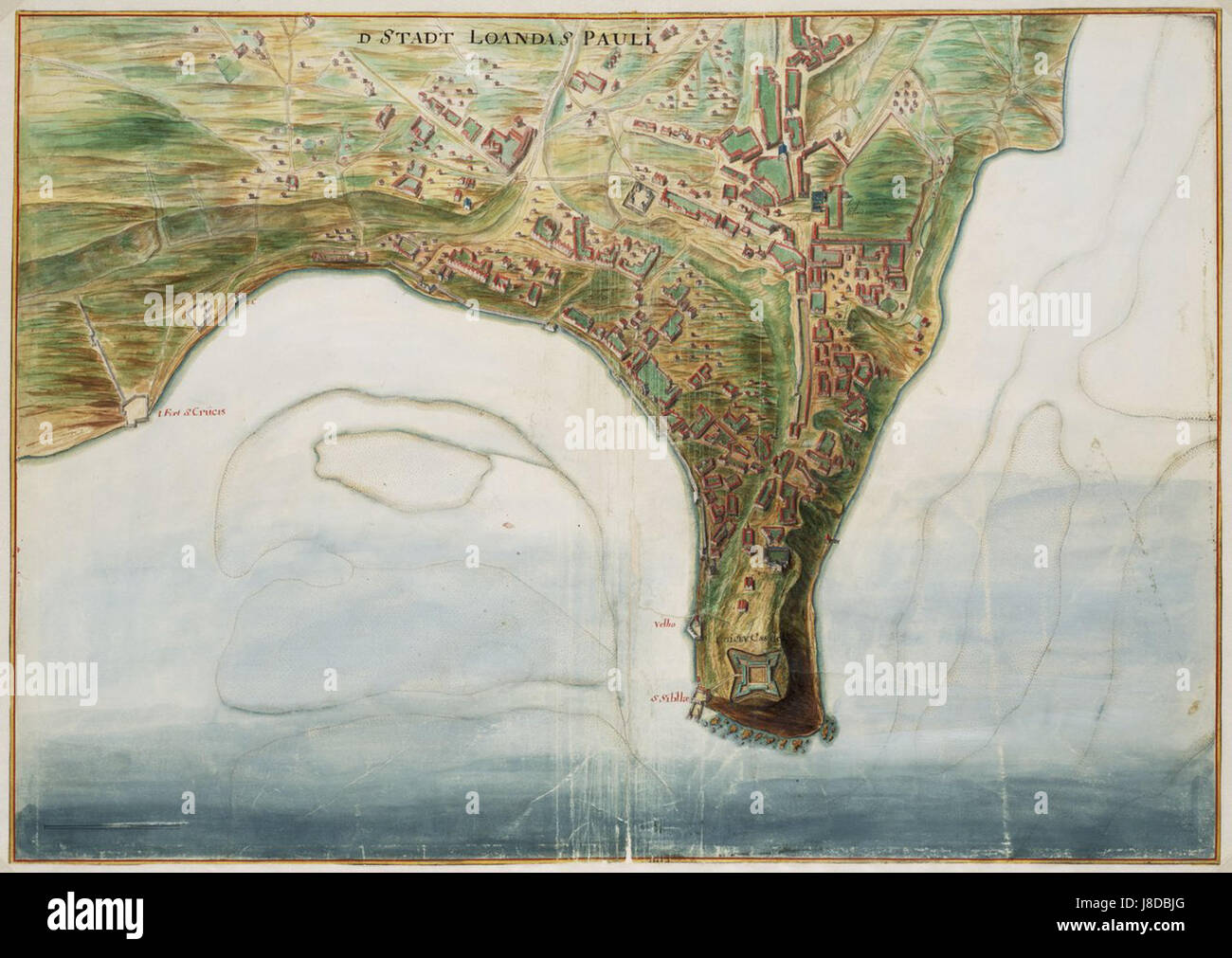 Questa è una mappa storica di Johannes Vingboons del 1665, che raffigura la città di Loanda (ora Luanda, Angola), un porto importante in epoca coloniale. Foto Stock