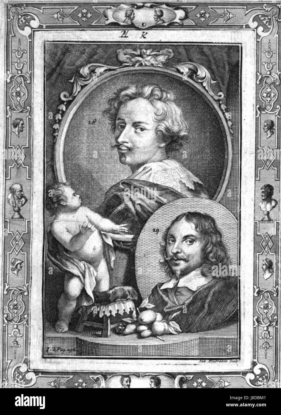 Questo si riferisce a un'opera storica di JC Weyerman, che coinvolge un piatto con ritratti o opere di Anthony van Dijk e Jan Davidsz de Heem, due importanti pittori olandesi. Foto Stock