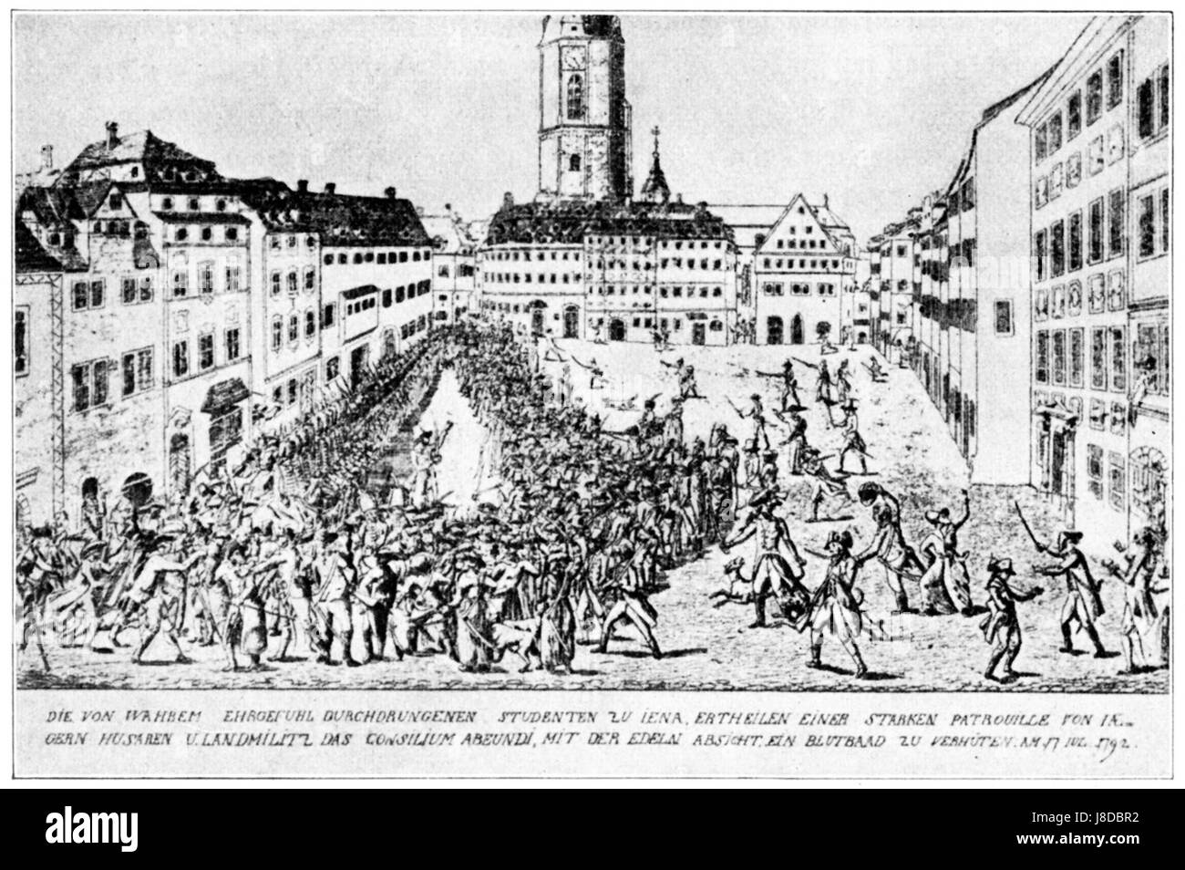 La "Jena Studentenproteste" del 1792 si riferisce alle proteste studentesche a Jena, in Germania, che facevano parte dei più ampi movimenti intellettuali e politici durante la fine del XVIII secolo. Queste proteste sono state guidate dalle richieste degli studenti di riforma politica e cambiamento sociale. Foto Stock