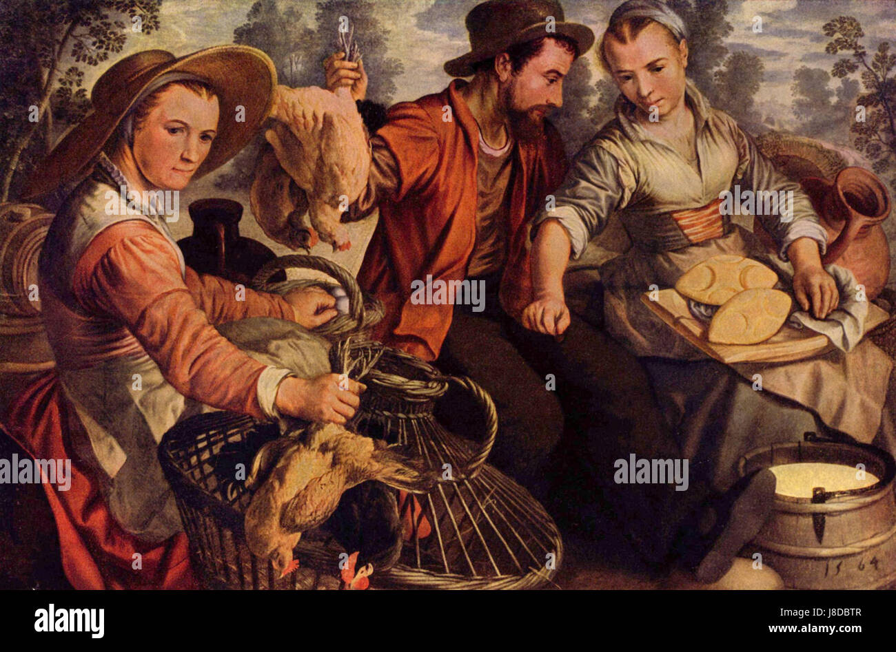 Joachim Beuckelaer era un pittore fiammingo del Rinascimento noto per le sue raffigurazioni della vita quotidiana, specialmente nel contesto del cibo e dei mercati. Le sue opere spesso presentavano dettagliate nature morte e scene di commercio quotidiano. Foto Stock