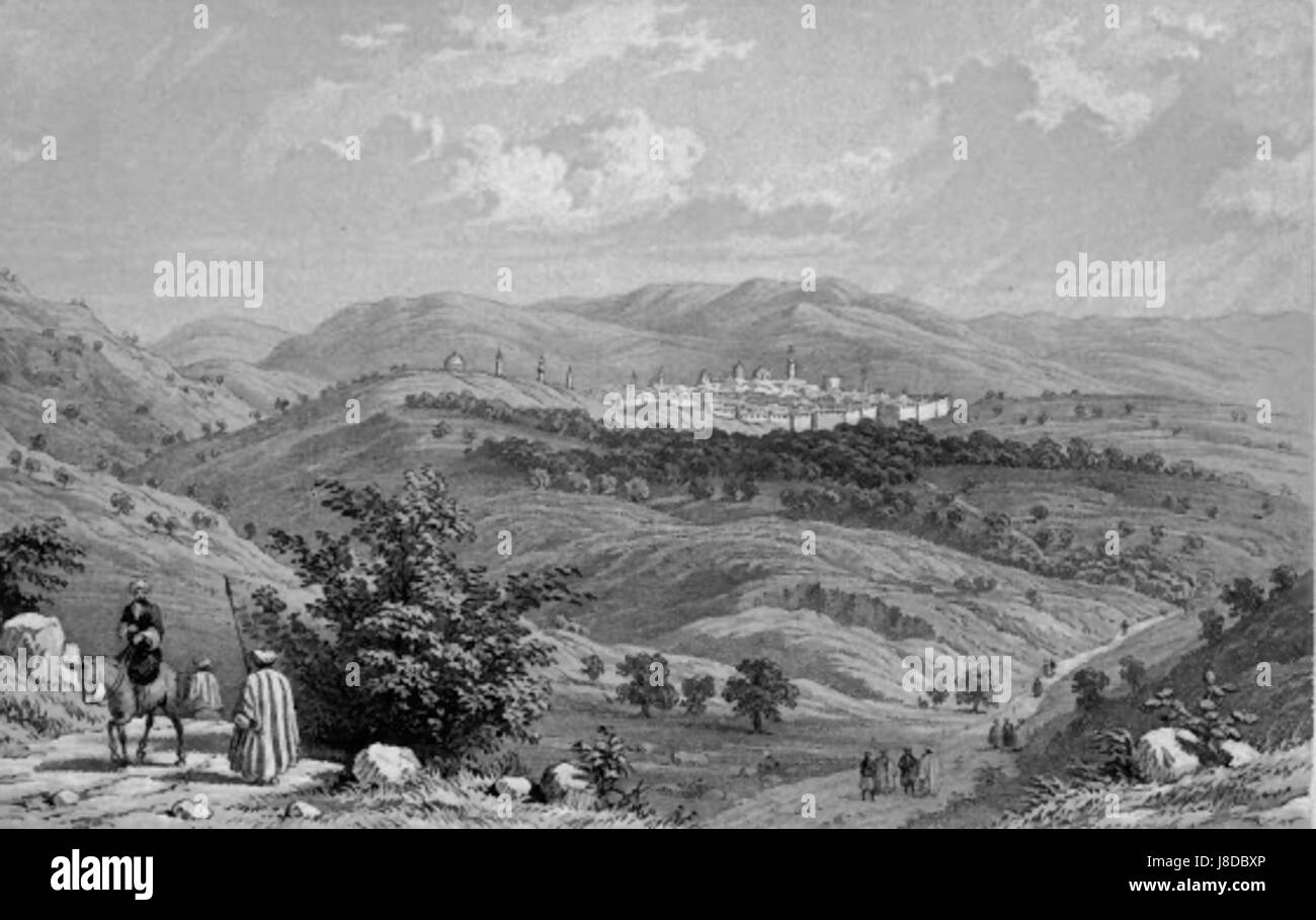 Questa vista del 1850 di Gerusalemme da nord fornisce una prospettiva storica del paesaggio della città, mostrando il terreno circostante e la struttura urbana durante la metà del XIX secolo. Foto Stock