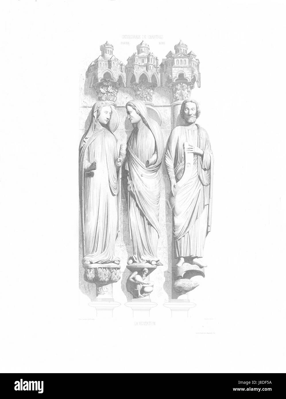 Questa litografia è tratta dalla "Monografie de la Cathedrale de Chartres", incentrata sul gruppo di portici settentrionali della cattedrale di Chartres. Presenta le caratteristiche architettoniche dettagliate della cattedrale, evidenziando il significato di questo monumento gotico nella storia francese. Foto Stock