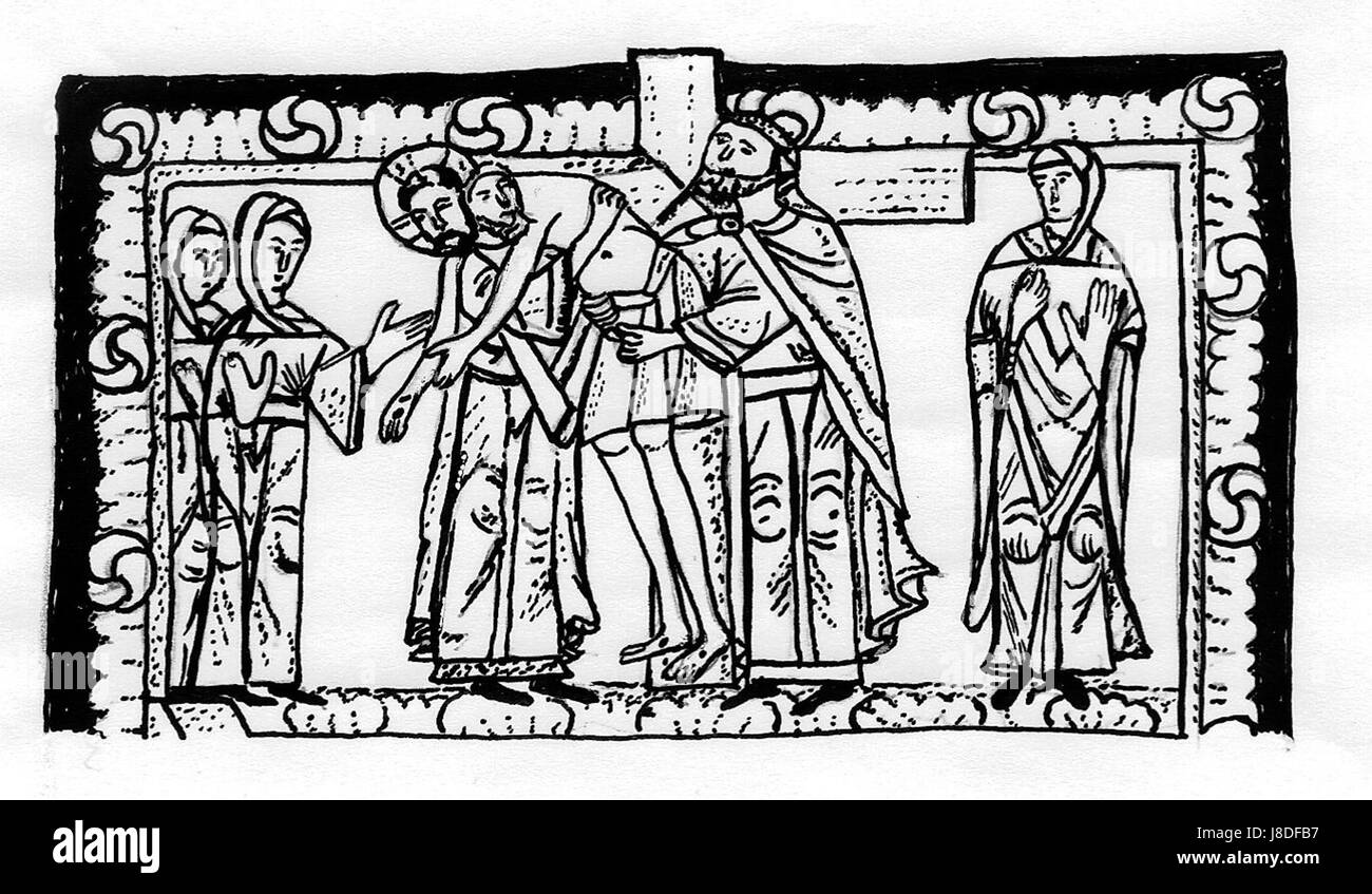 Kreuzabnahme im Codex Aureus a Gniezno. KA 27 um 1085 Foto Stock