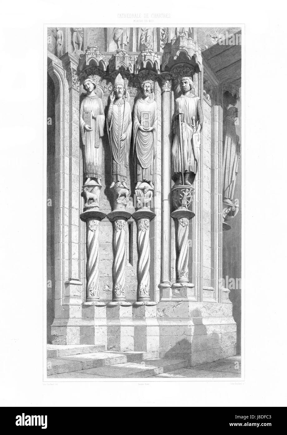 Questa incisione è tratta da una monografia sulla cattedrale di Chartres, che illustra le statue delle Porche du Midi, una caratteristica architettonica significativa della cattedrale. Foto Stock