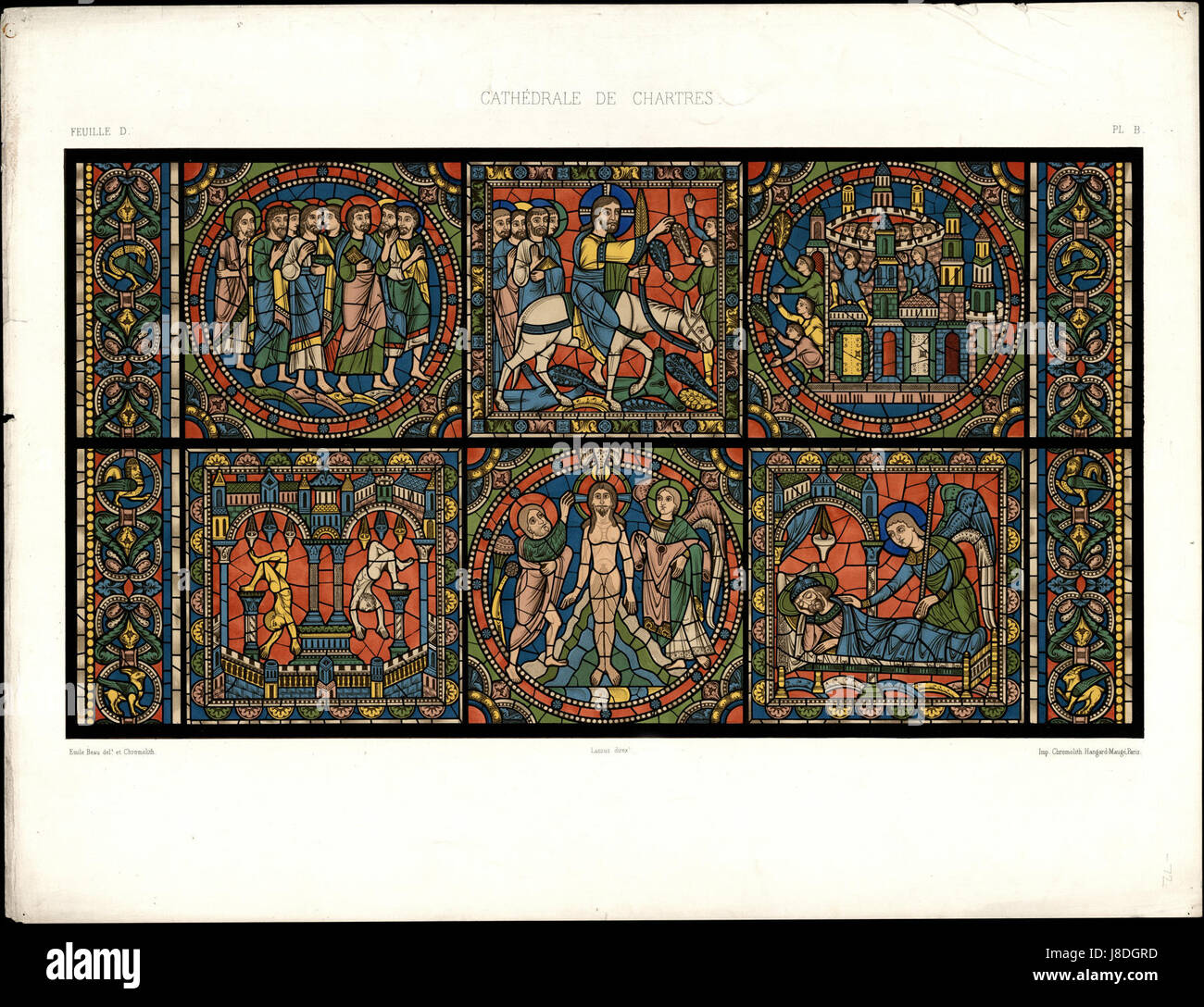 Monografie de la Cathedrale de Chartres Atlas Vitrail de la vie de Gesù Cristo"feuille d lithographie cromo Foto Stock