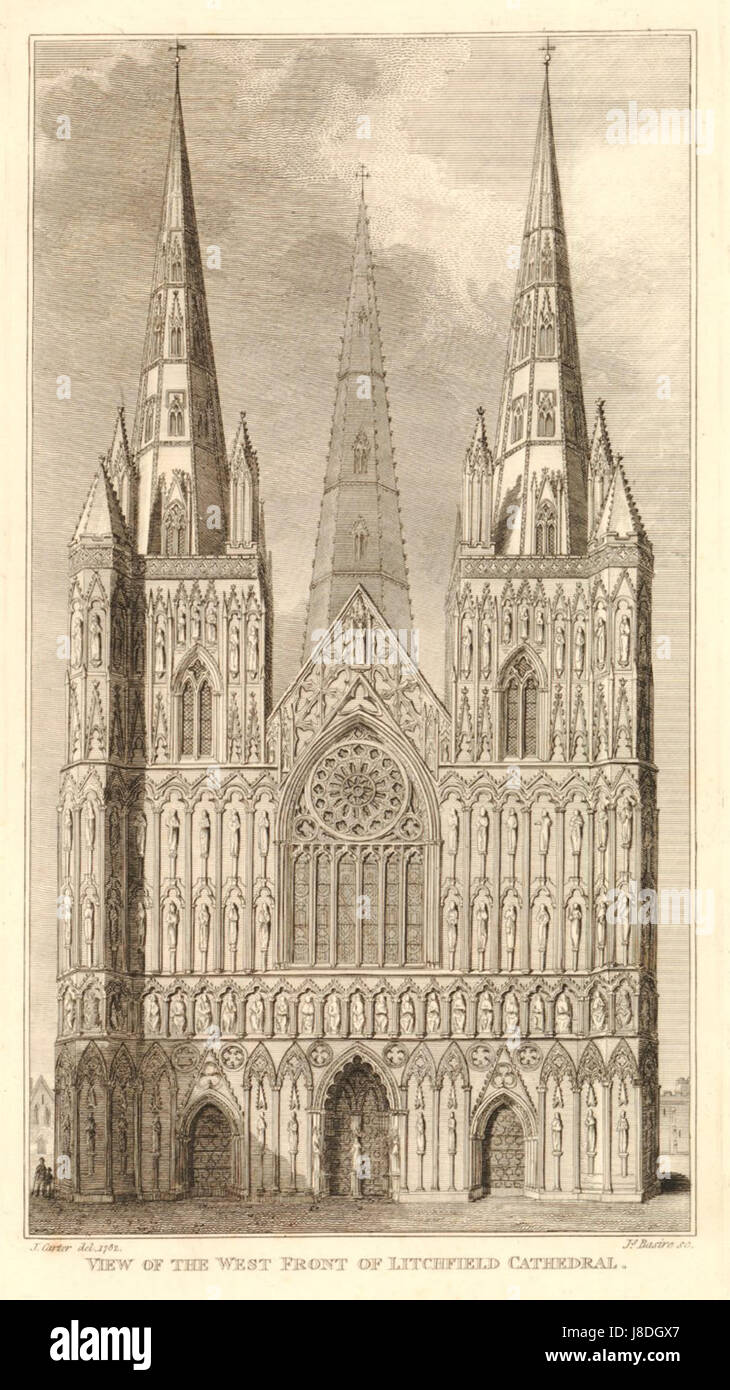 Vista della facciata ovest della cattedrale di Litchfield di James Basire Foto Stock