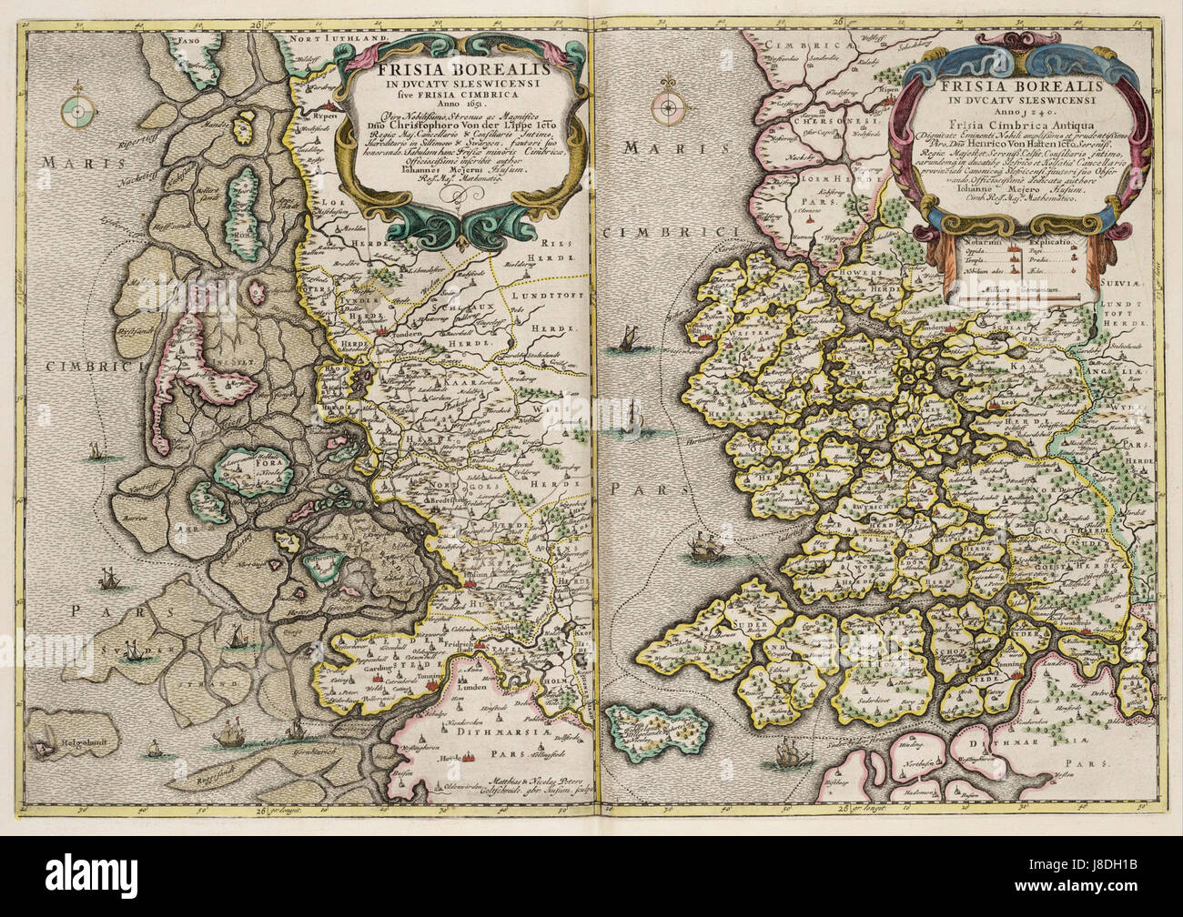 Kaart van Noord Frisia in Sleeswijk (Duitsland) nel 1651 (links) en 1240 (rechts) Foto Stock