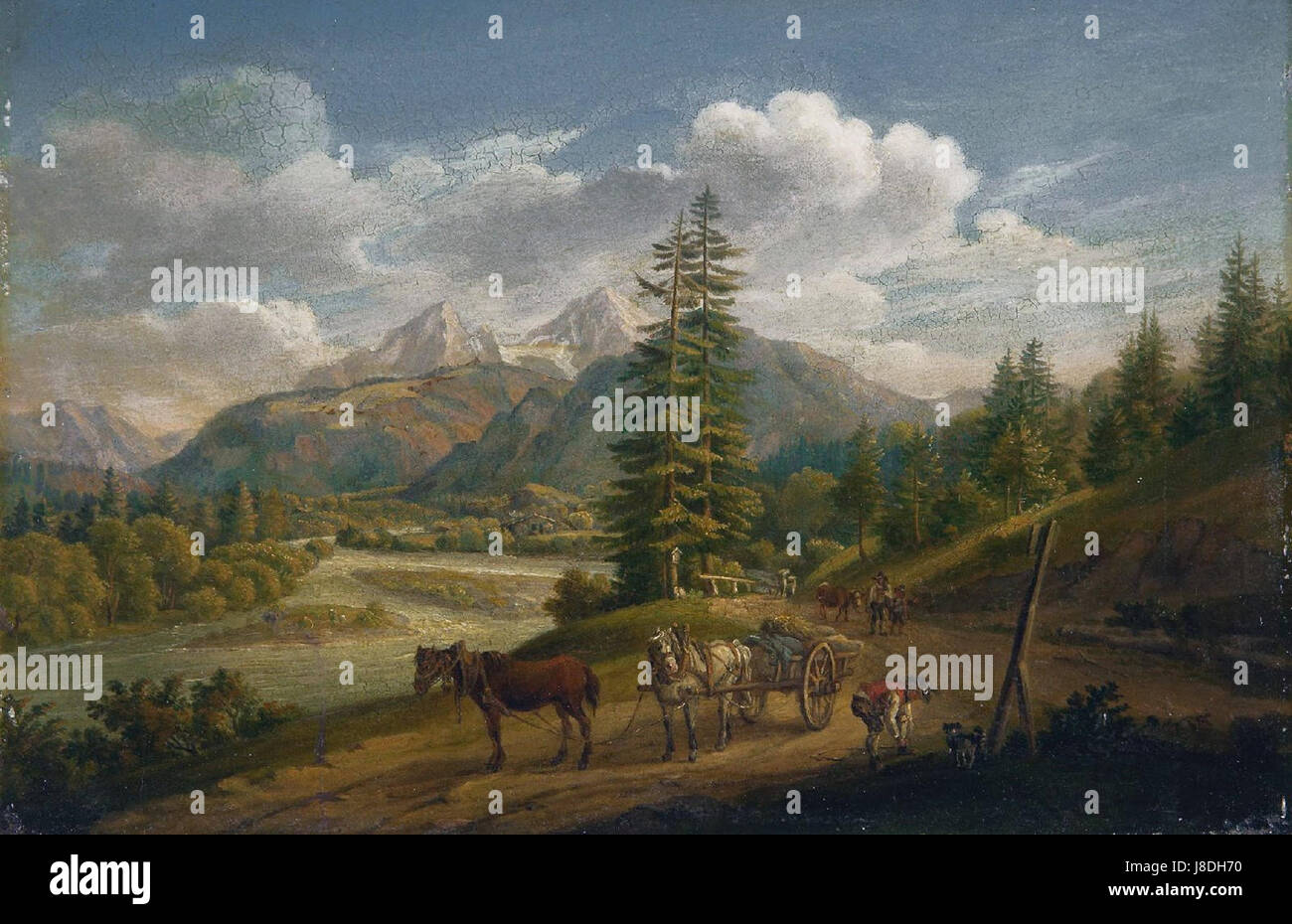 "Isenring Pferdegespann im Berchtesgadener Land" è una rappresentazione del 1823 di una carrozza trainata da cavalli nella regione della Terra di Berchtesgadener in Baviera, Germania. L'immagine mette in evidenza i metodi di trasporto durante l'inizio del XIX secolo nella Germania rurale. Foto Stock