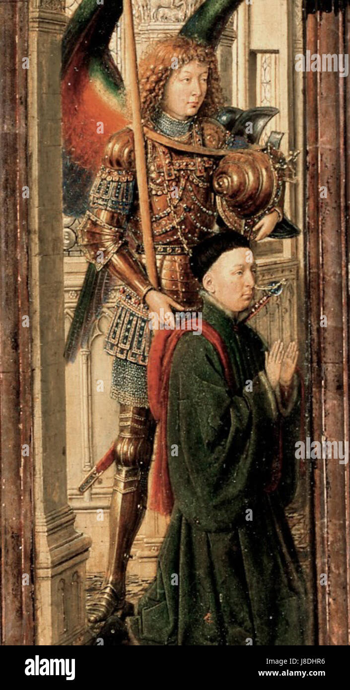 Trittico di Dresda dettaglio arcangelo Michele con donatore Foto Stock